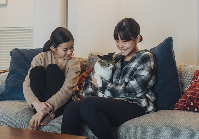 猫とたわむれる少女たちの写真