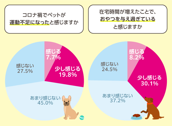 グラフ：「コロナ禍でペットが運動不足になったと感じますか」「在宅時間が増えたことで、おやつを与え過ぎていると感じますか」アンケート結果