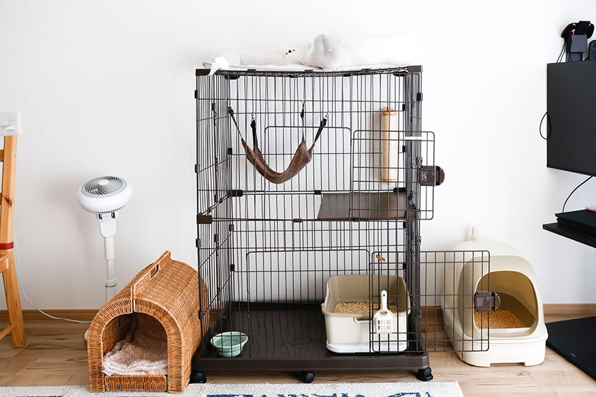 写真：空のケージやトイレ