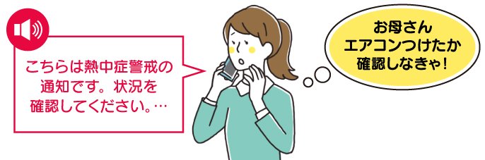 「こちらは熱中症警戒の通知です。状況を確認してください。…」お母さんエアコンつけたか確認しなきゃ！