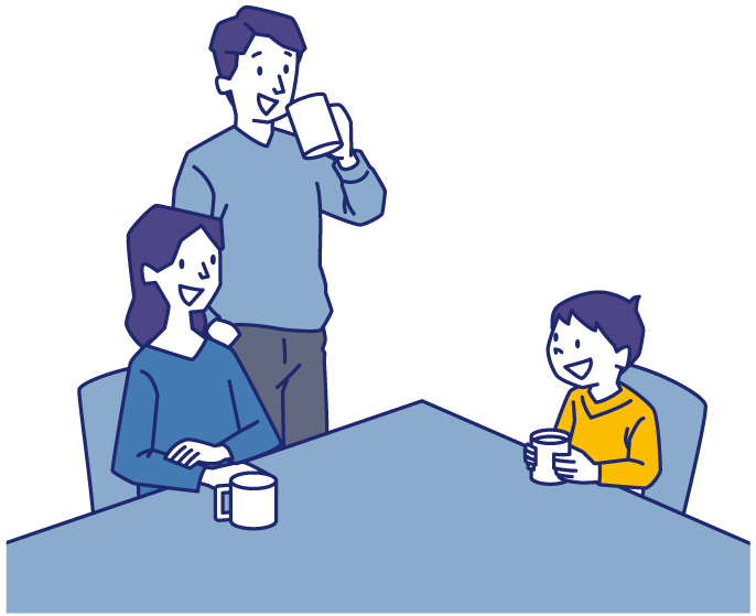 親と子どもが飲み物を飲みながら、会話をしている様子のイラスト
