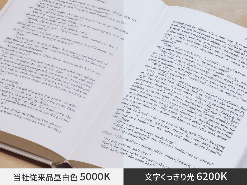 当社従来品 昼白色 5000K、文字くっきり光 6200K