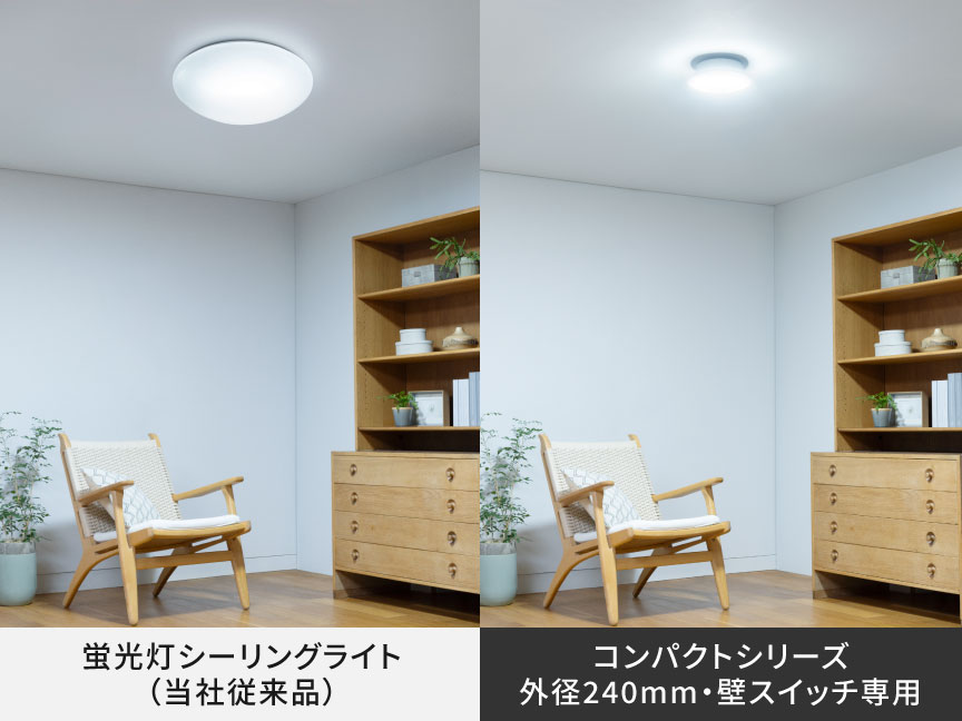 写真：蛍光灯シーリングライト （当社従来品）とコンパクトシリーズ 外径240mm・壁スイッチ専用の比較