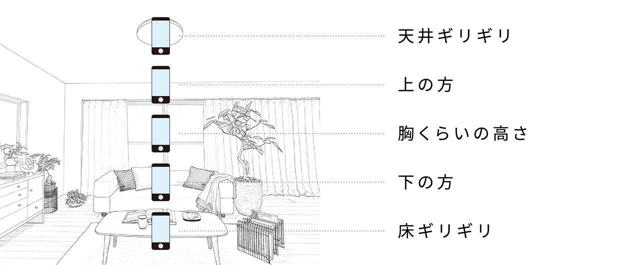 スマホを構える高さイラスト：天井ギリギリ　上の方　胸くらいの高さ　下の方　床ギリギリ