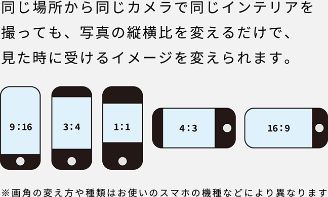 同じ場所から同じカメラで同じインテリアを撮っても、写真の縦横比を変えるだけで、見た時に受けるイメージを変えられます。　9:16　3:4　1:1　4:3　16:9　※画角の変え方や種類はお使いのスマホの機種などにより異なります