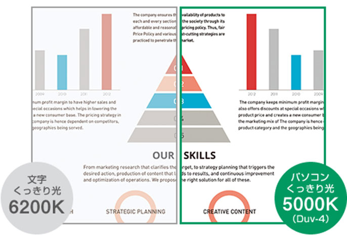 パソコンの画面が見やすい「パソコンくっきり光」,【見え方比較】文字くっきり光：6200K,パソコンくっきり光：5000K（Duv-4）