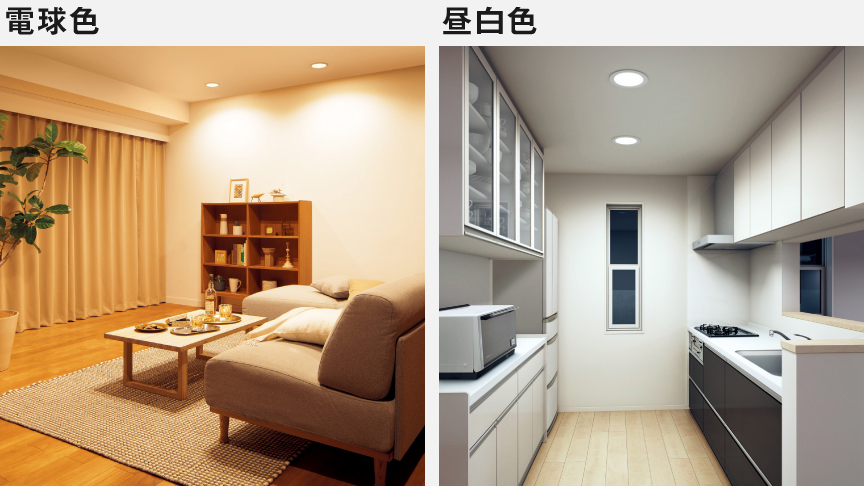 「電球色」と「昼白色」の比較イメージ