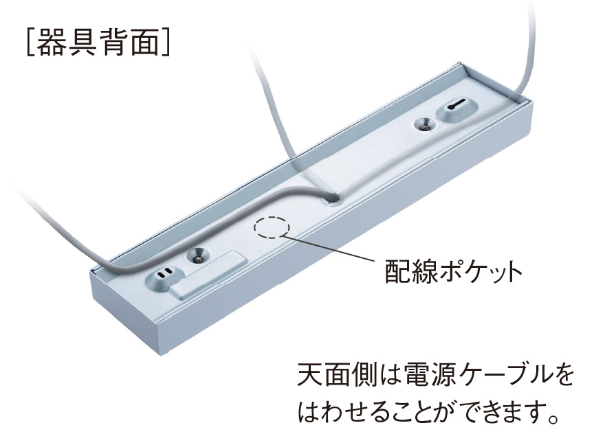 イメージ：[器具背面]、天面側は電源ケーブルをはわせることができます。