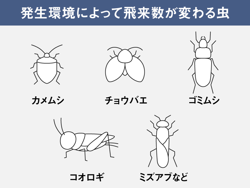 イラスト：発生環境によって飛来数が変わる虫