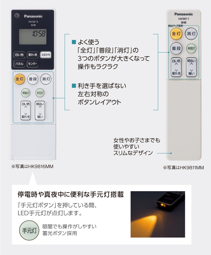 画像：リモコン2機種の説明,よく使う「全灯」「普段」「消灯」の3つのボタンが大きくなって操作もラクラク、利き手を選ばない左右対称のボタンレイアウト(2機種共通),停電時や真夜中に便利な手元灯搭載(左側の機種),女性やお子さまでも使いやすいスリムなデザイン(右側の機種)