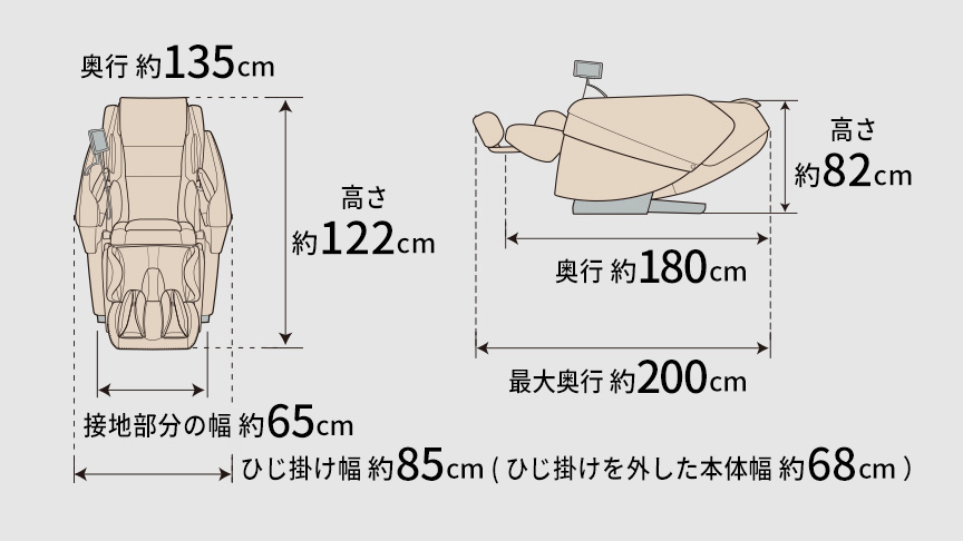 【本体】奥行：約135 cm 高さ：約122 cm 接地部分の幅：約65 cm ひじ掛け幅：約85 cm（ひじ掛けを外した本体幅 約68 cm）  【リクライニング時】 高さ：約82 cm 奥行：約180 cm 最大奥行：約200 cm のイラスト