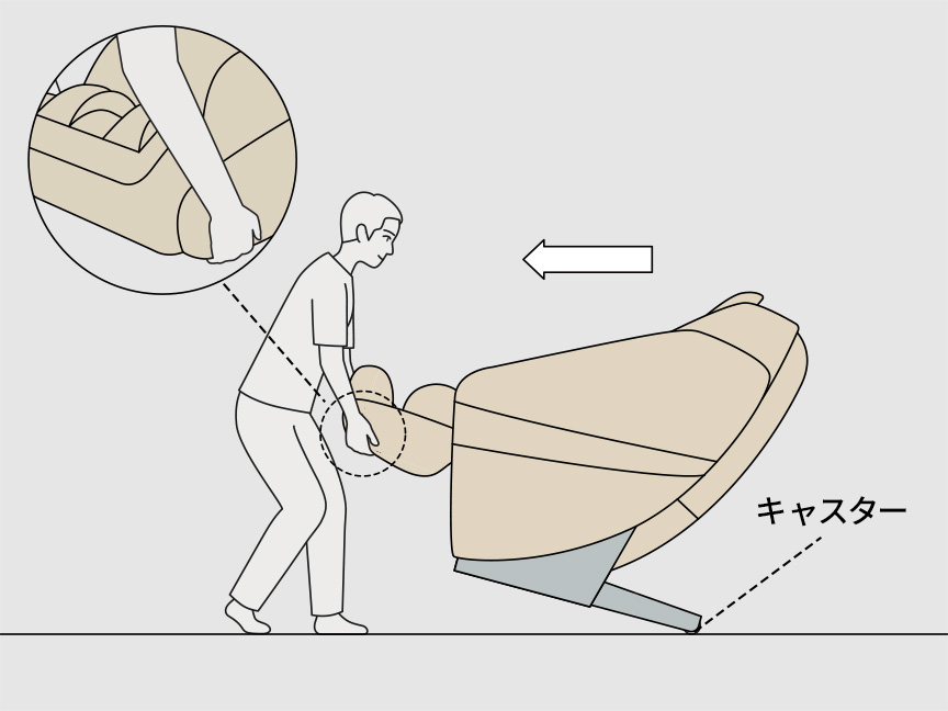 脚のせ台の側面を持ってキャスターで移動している様子のイラスト