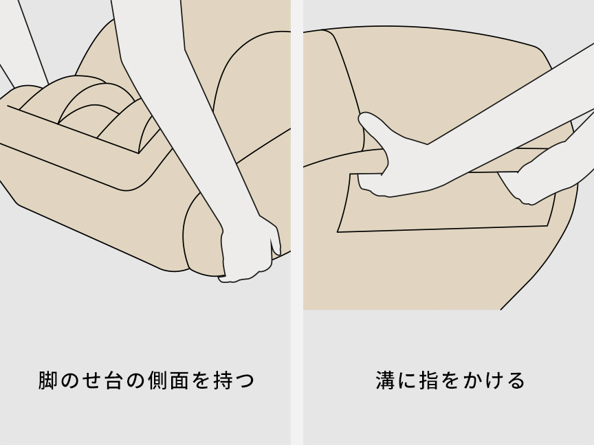 左側：脚のせ台の側面を持つ様子のイラスト 右側：溝に指をかける様子のイラスト