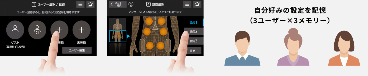 自分好みの設定を記憶（３ユーザー×３メモリー）