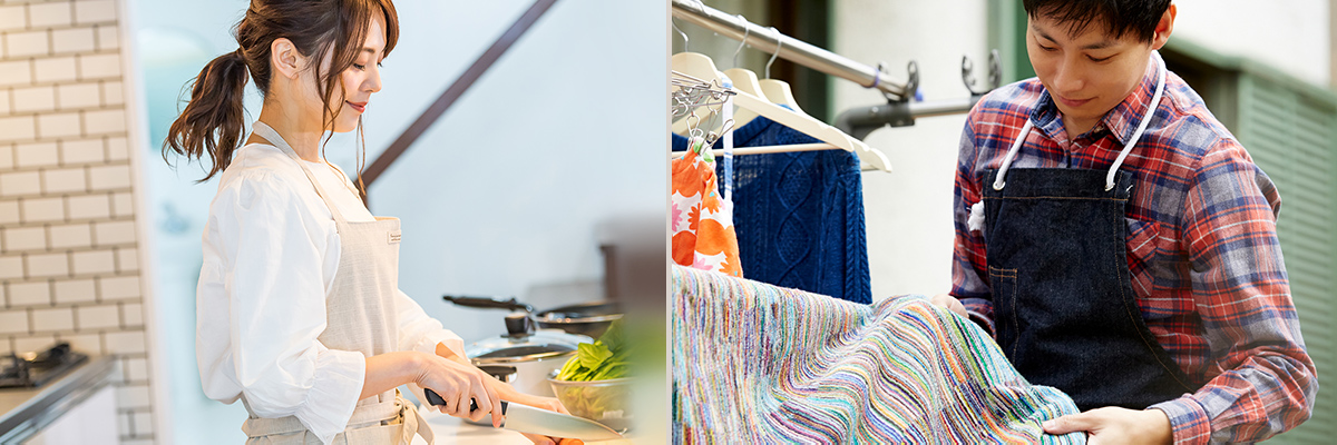 左側写真：料理をする女性の様子、右側写真：洗濯物を干す男性の様子
