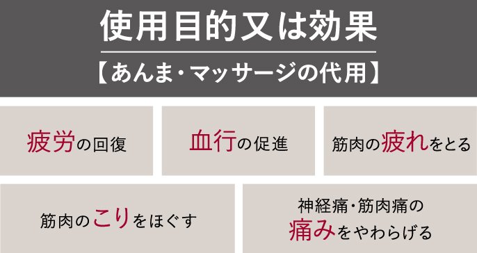 使用目的又は効果（あんま・マッサージの代用）：疲労の回復　血行の促進　筋肉の疲れをとる　筋肉のこりをほぐす　神経痛・筋肉痛の痛みをやわらげる