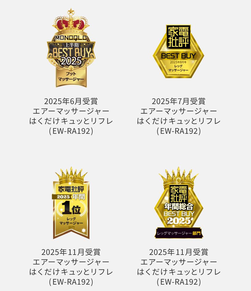 MONOQLO 上半期BEST BUY 2025 フットマッサージャー 2025年6月受賞 エアーマッサージャーはくだけキュッとリフレ（EW-RA192）、家電批評 BEST BUY 2025年8月号 レッグマッサージャー 2025年7月受賞 エアーマッサージャーはくだけキュッとリフレ（EW-RA192）、家電批評2025 年間1位 レッグマッサージャー 2025年11月受賞 エアーマッサージャーはくだけキュッとリフレ（EW-RA192）、家電批評 年間総合BEST BUY 2025 レッグマッサージャー部門 2025年11月受賞 エアーマッサージャーはくだけキュッとリフレ（EW-RA192）