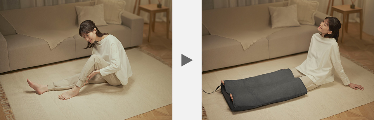 写真：脚を手でもみほぐすケア → はくだけキュッとリフレを使用している様子