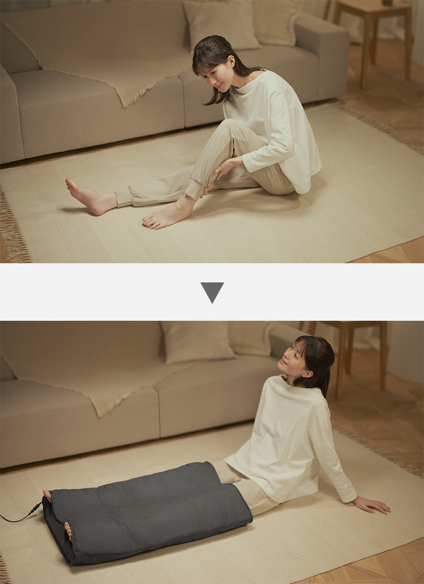 写真：脚を手でもみほぐすケア → はくだけキュッとリフレを使用している様子