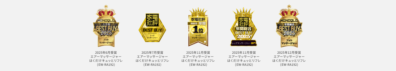MONOQLO 上半期BEST BUY 2025 フットマッサージャー 2025年6月受賞 エアーマッサージャーはくだけキュッとリフレ（EW-RA192）、家電批評 BEST BUY 2025年8月号 レッグマッサージャー 2025年7月受賞 エアーマッサージャーはくだけキュッとリフレ（EW-RA192）、家電批評2025 年間1位 レッグマッサージャー 2025年11月受賞 エアーマッサージャーはくだけキュッとリフレ（EW-RA192）、家電批評 年間総合BEST BUY 2025 レッグマッサージャー部門 2025年11月受賞 エアーマッサージャーはくだけキュッとリフレ（EW-RA192）2025年12月受賞 エアーマッサージャーはくだけキュッとリフレ（EW-RA192）
