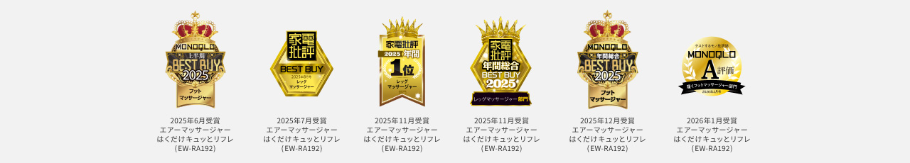 MONOQLO 上半期BEST BUY 2025 フットマッサージャー 2025年6月受賞 エアーマッサージャーはくだけキュッとリフレ（EW-RA192）、家電批評 BEST BUY 2025年8月号 レッグマッサージャー 2025年7月受賞 エアーマッサージャーはくだけキュッとリフレ（EW-RA192）、家電批評2025 年間1位 レッグマッサージャー 2025年11月受賞 エアーマッサージャーはくだけキュッとリフレ（EW-RA192）、家電批評 年間総合BEST BUY 2025 レッグマッサージャー部門 2025年11月受賞 エアーマッサージャーはくだけキュッとリフレ（EW-RA192）2025年12月受賞 エアーマッサージャーはくだけキュッとリフレ（EW-RA192） テストするモノ批評誌 MONOQLO A評価 履くフットマッサージャー部門 2026年3月 2026年1月受賞 エアーマッサージャー はくだけキュッとリフレ(EW-RA192)