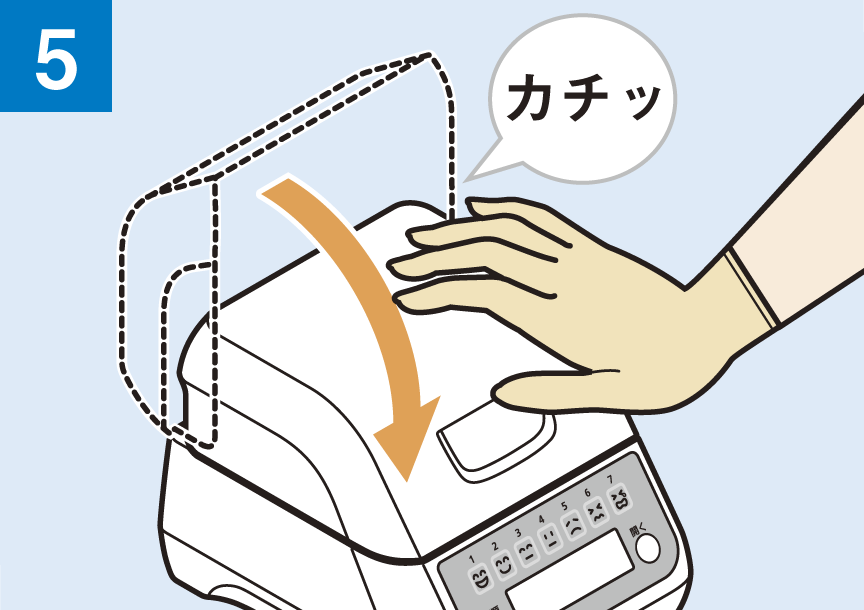 「カチッ」と音がするまで、ふたを手で閉めます（自動的に測定モードになります）