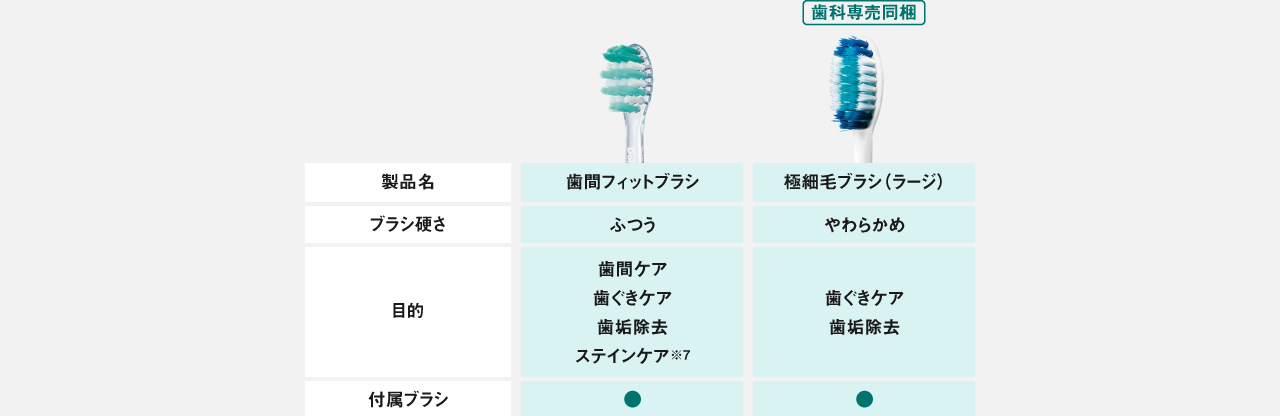 【歯間フィットブラシ】ブラシ硬さ：ふつう、目的：歯間ケア・歯ぐきケア・歯垢除去・ステインケア※7、付属ブラシ：あり【極細毛ブラシ（ラージ）歯科専売同梱】ブラシ硬さ：やわらかめ、目的：歯ぐきケア・歯垢除去、付属ブラシ：あり