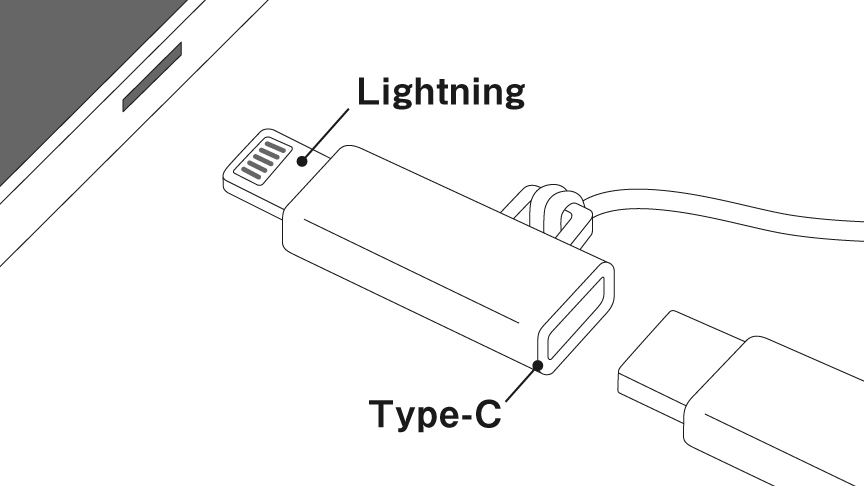 イラスト：OTG機能に対応したUSB Type-C→ライトニング変換アダプタ
