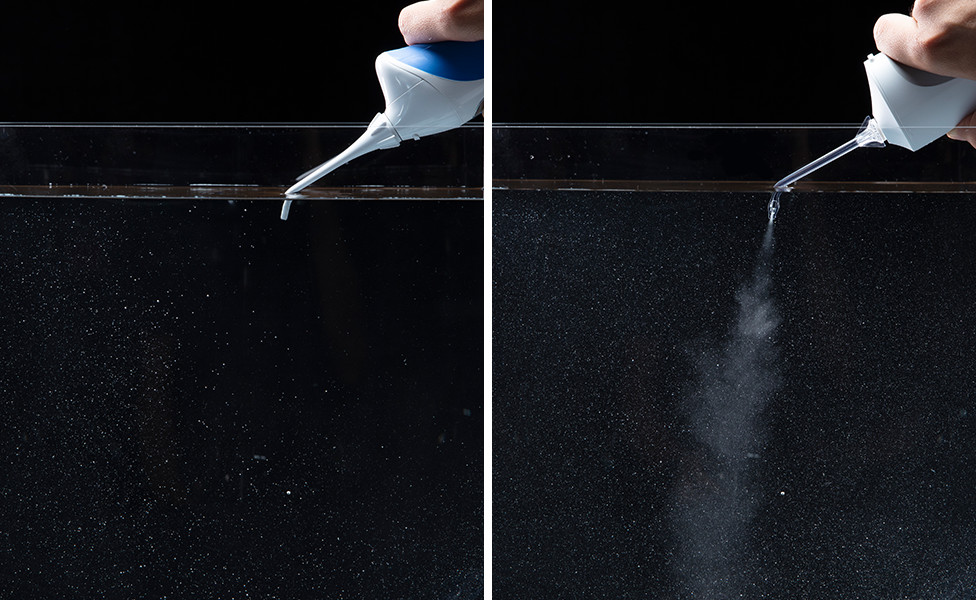 写真：水流と超音波水流の比較（左：水流　右：超音波水流）​
