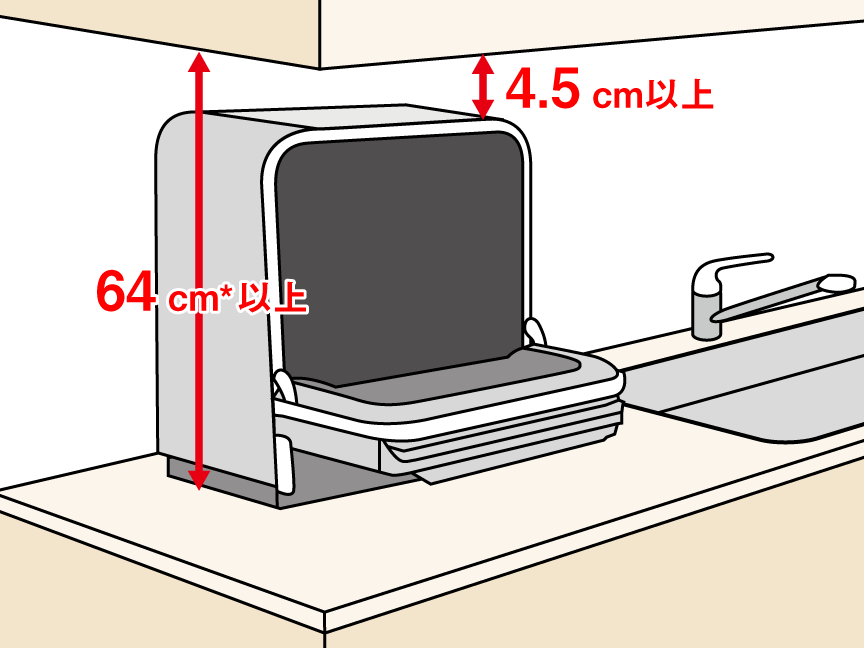 ドアを開けても高さが変わらない前開きドアだから、吊り戸棚の下にも置けます。