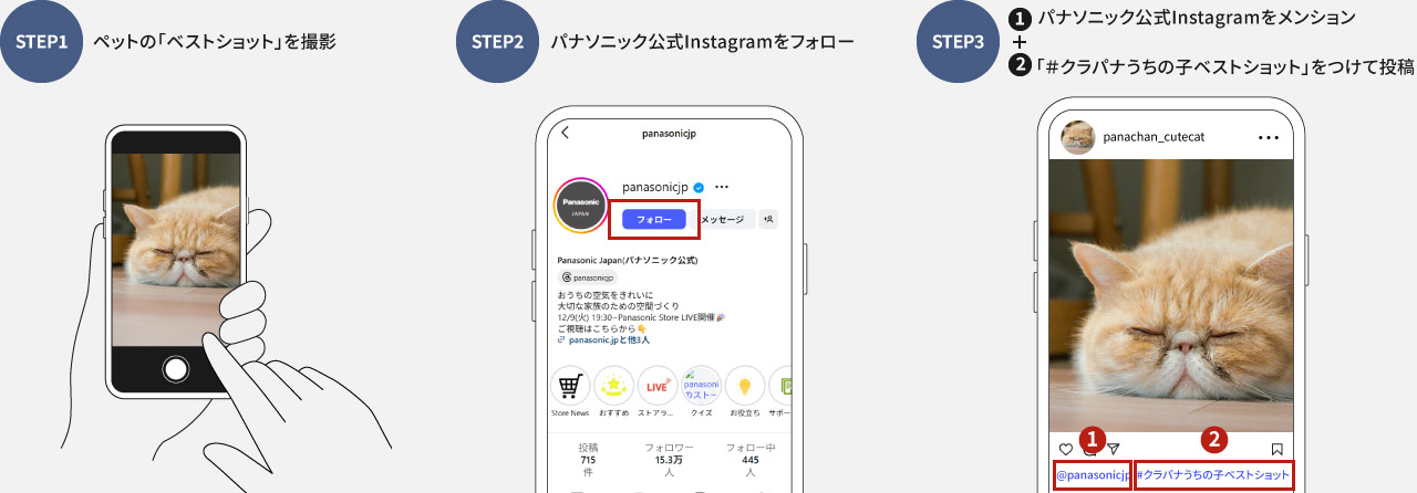 STEP1：ペットの「ベストショット」を撮影　STEP2：パナソニック公式Instagramをフォロー　STEP3：パナソニック公式アカウントをメンション＋「＃クラパナうちの子ベストショット」をつけて投稿