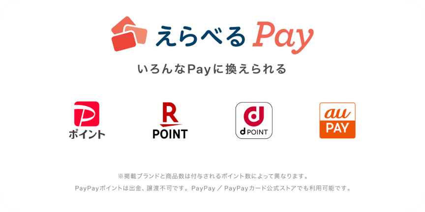 えらべるPay いろんなPayに換えられる ポイント R POINT d POINT au PAY ※掲載ブランドと商品数は付与されるポイント数によって異なります。PayPayポイントは出金、譲渡不可です。PayPay / PayPayカード公式ストアでも利用可能です。