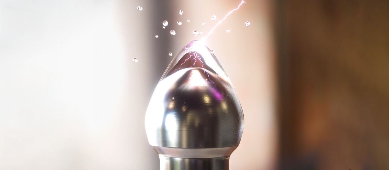 ナノイーXデバイスの電極のイメージ画像です。水に包まれています。