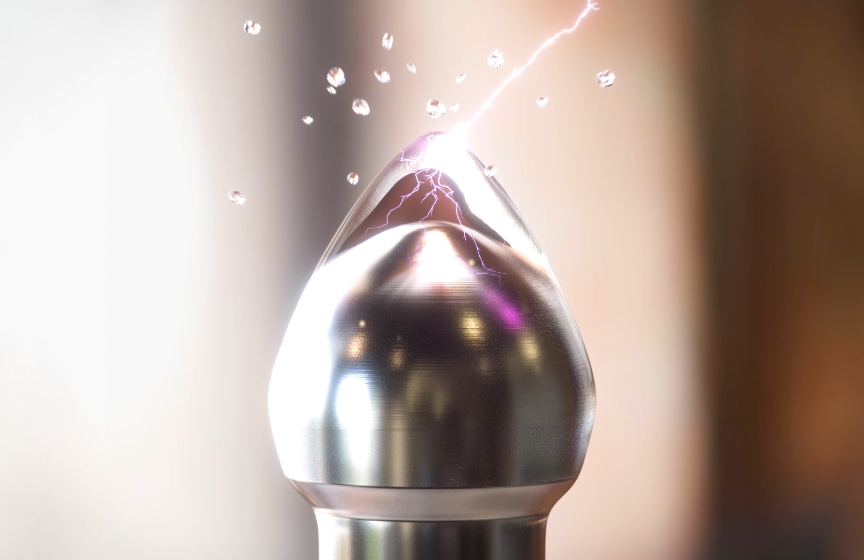 ナノイーXデバイスの電極のイメージ画像です。水に包まれています。