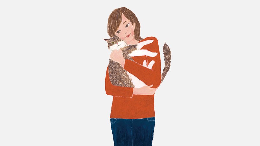 女性が猫を抱っこしているイラストです