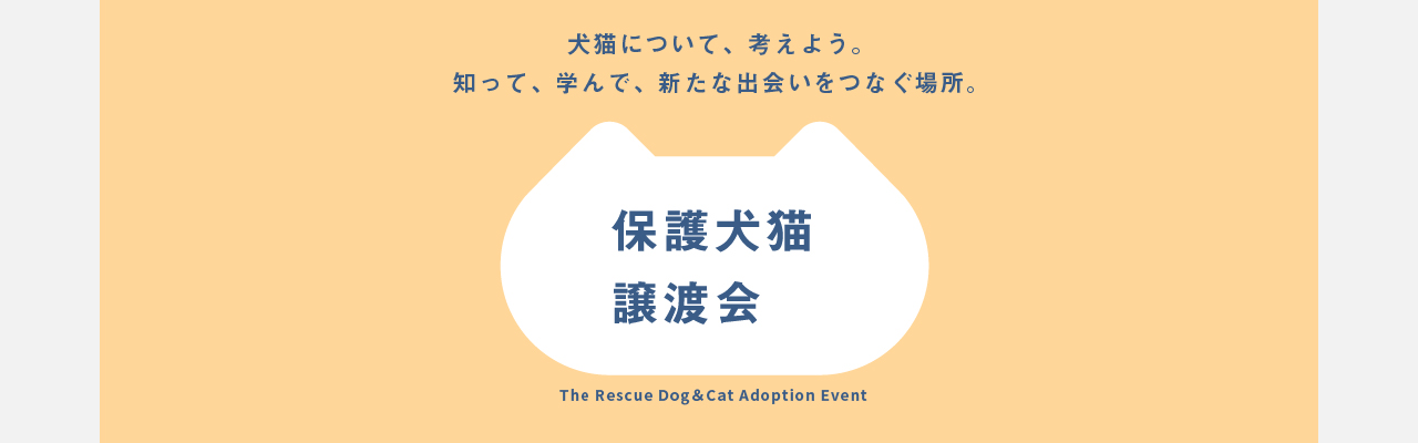 パナソニック保護犬猫譲渡会のメインビジュアルです。犬猫について、考えよう。知って、学んで、新たな出会いをつなぐ場所。