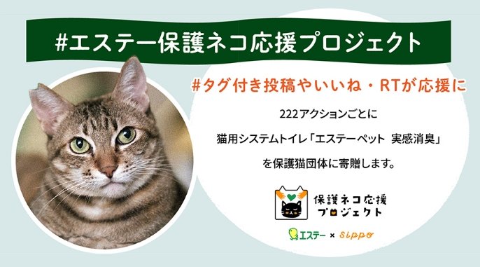 ＃エステー保護猫応援プロジェクト。＃タグ付き投稿やいいね・RTが応援に。222アクションごとに猫用トイレ「エステーペット　実感消臭」を保護猫団体に寄贈します。