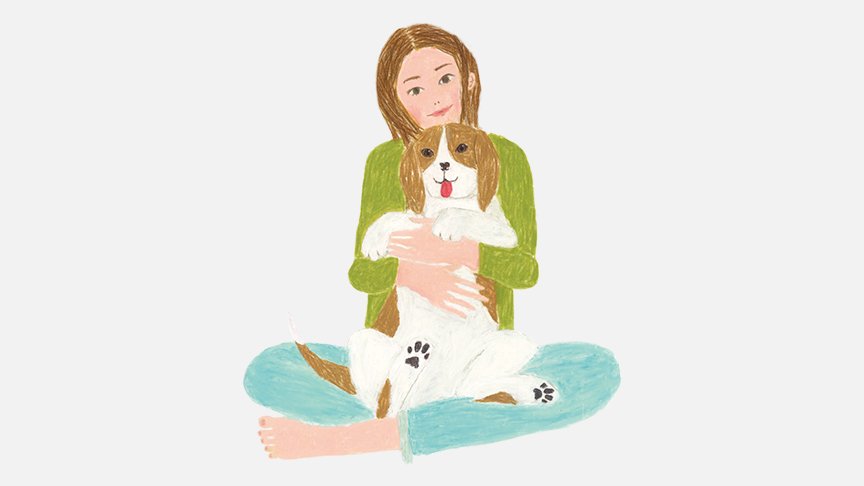 女性が犬を抱っこしているイラストです