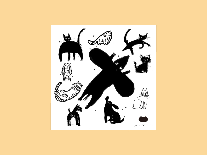 ミヤギユカリさんのイラストが載った風呂敷の画像です。犬や猫のイラストがたくさん描かれています。