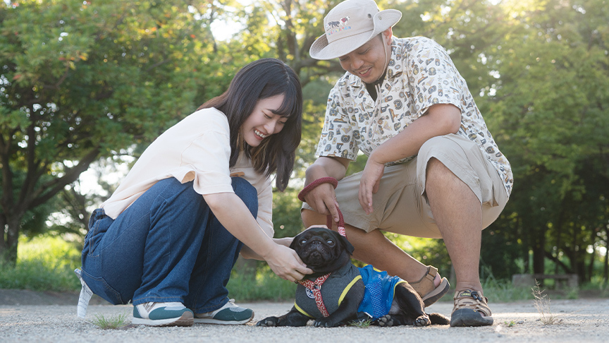 お迎えされた犬と家族の写真です
