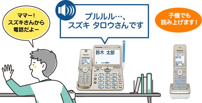 [プルルル…、スズキ タロウさんです] 「スズキさんから電話だよー」[子機でも読み上げます！]