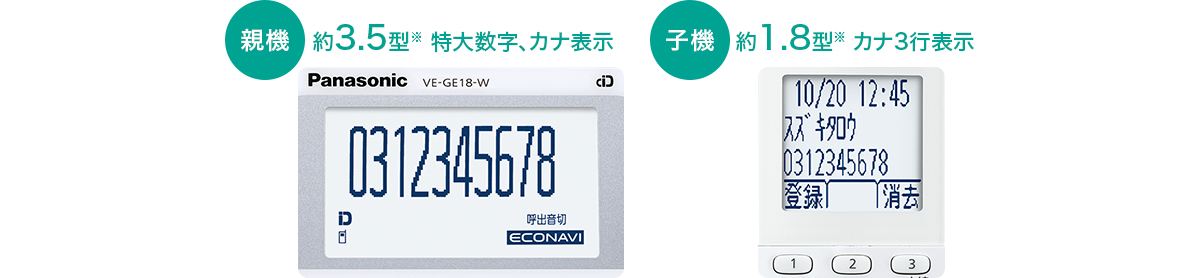 [親機]約3.5型※特大数字、カナ表示　[子機]1.8型※カナ3行表示