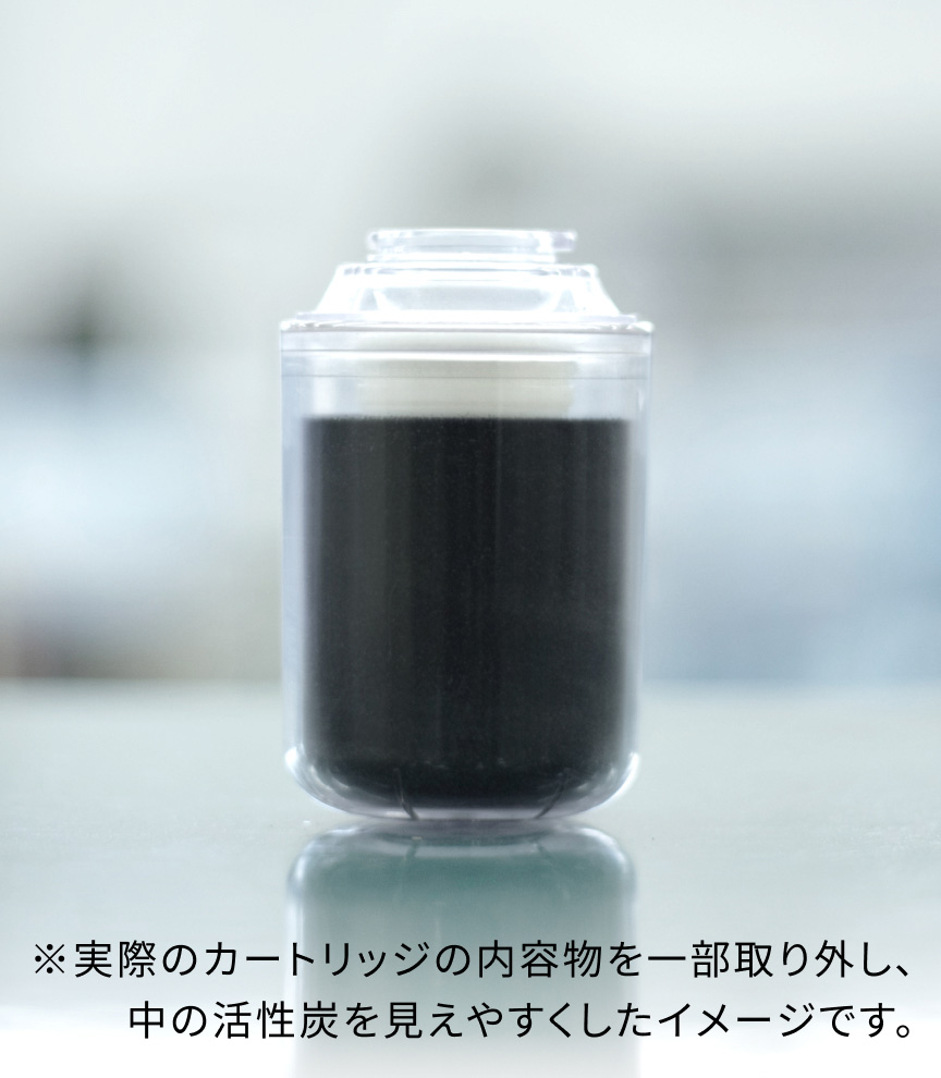 ※実際のカートリッジの内容物を一部取り外し、中の活性炭を見えやすくしたイメージです。