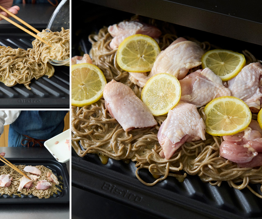 写真：グリル皿を使用してグリルチキン瓦焼きそばを作るようす