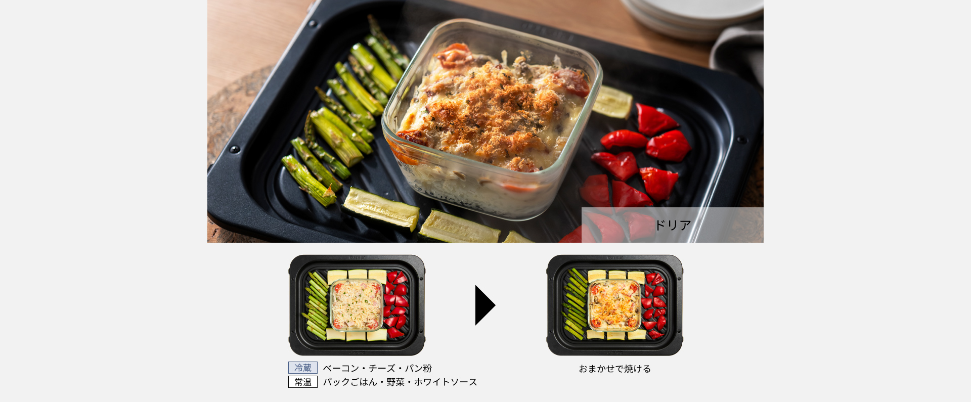 ドリア。冷蔵：ベーコン・チーズ・パン粉　常温：パックごはん・野菜・ホワイトソース