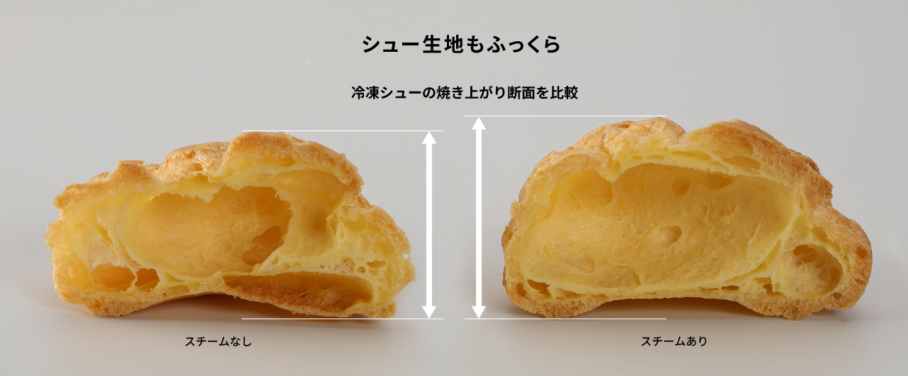 画像：スチームプラス使用時の、冷凍シューの焼き上がり断面の比較