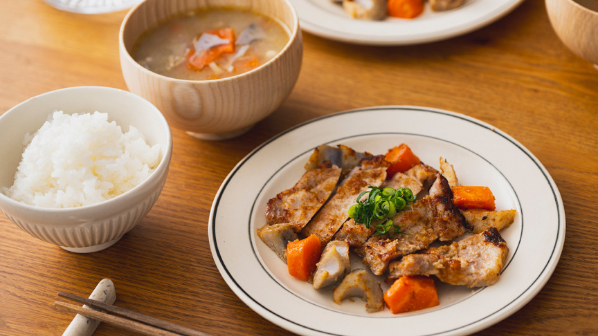 豚ロース肉のごまみそ焼き＆根菜とえのきのみそ汁