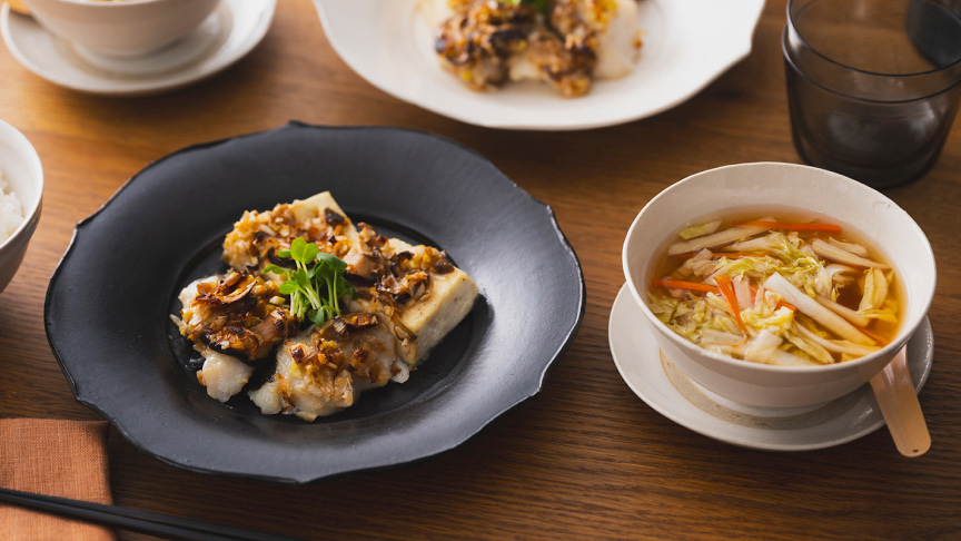 たらと豆腐のザーサイ中華だれ＆白菜のにんじんのスープ