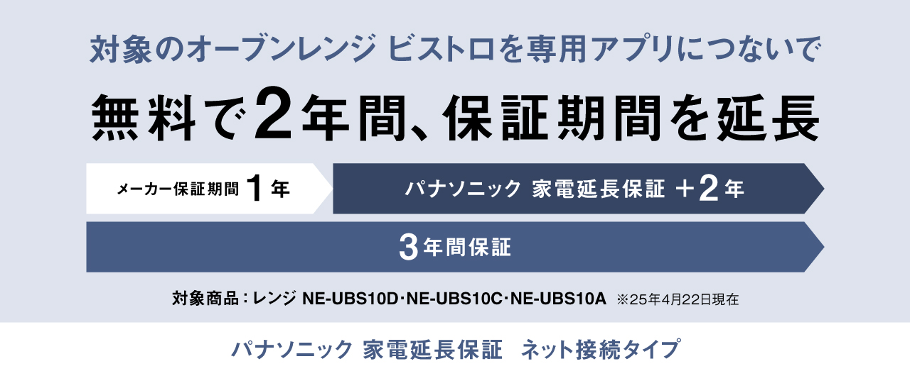 対象のオーブンレンジ ビストロを専用アプリにつないで無料で2年間保証期間を延長。対象商品レンジNE-UBS10D、NE-UBS10C、NE-UBS10A。