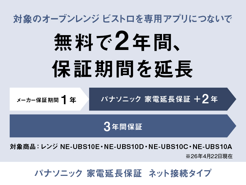対象のオーブンレンジ ビストロを専用アプリにつないで無料で2年間保証期間を延長。対象商品レンジNE-UBS10E、NE-UBS10D、NE-UBS10C、NE-UBS10A。